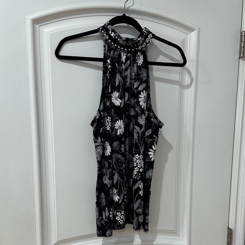 INC International Concepts Black and White Floral Halter Blouse